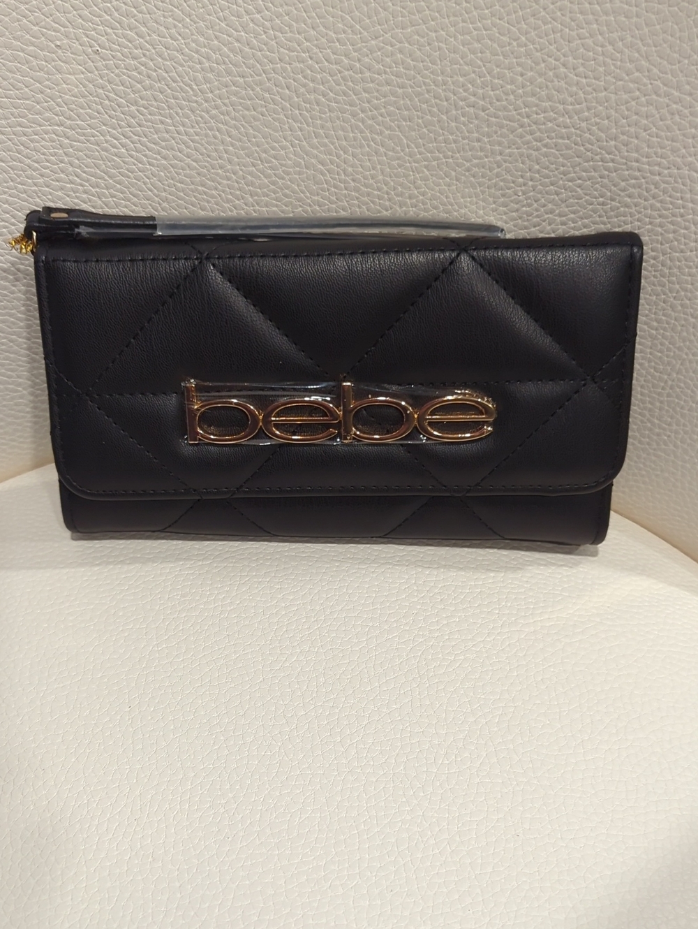 bebe Black Quilted Wallet with Gold Logo